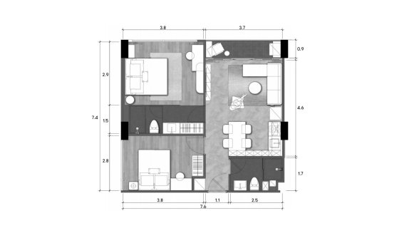 Планировка кондомониума, квартиры 2 спальни в ЖК Wyndham Fantasea Condo Chalong № 11007 (2D)